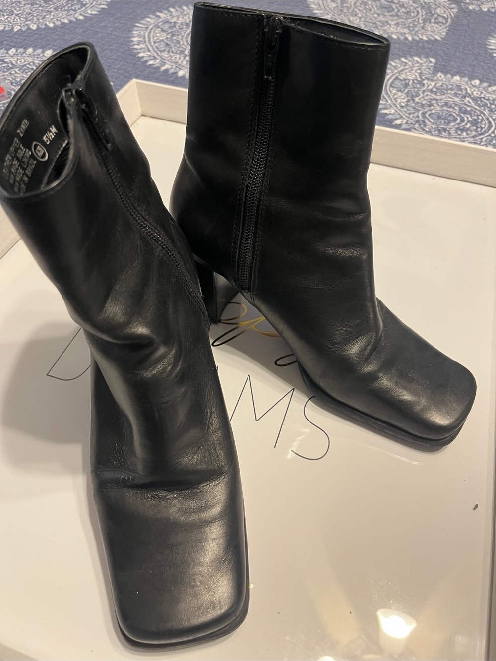 Nine West Black Leather Square-Toe Ankle Booties